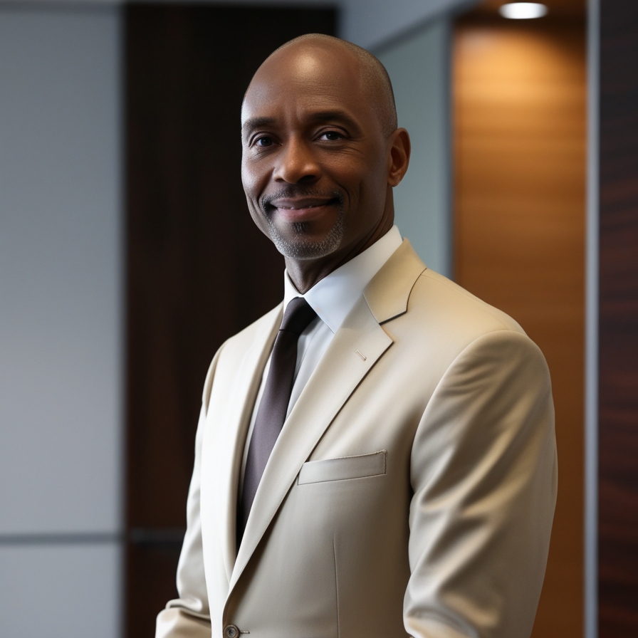 Simulated photo of a smiling male manager in a suit