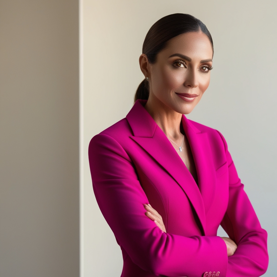 Simulated photo of a strong female sales maker in a suit